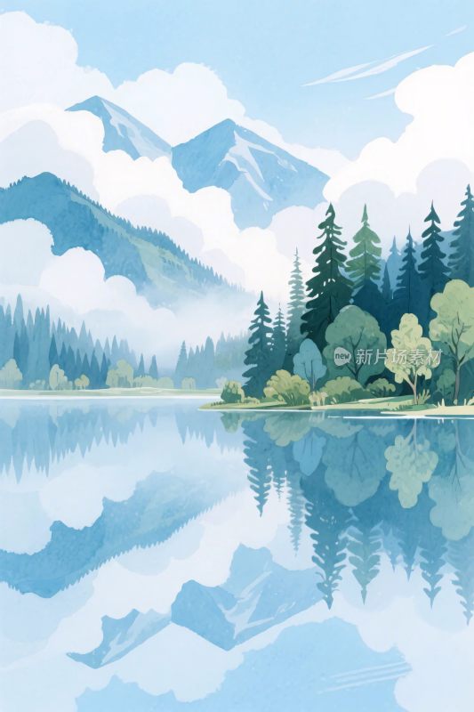 山水湖景插画
