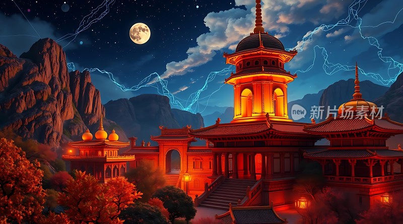 东方古寺夜月图