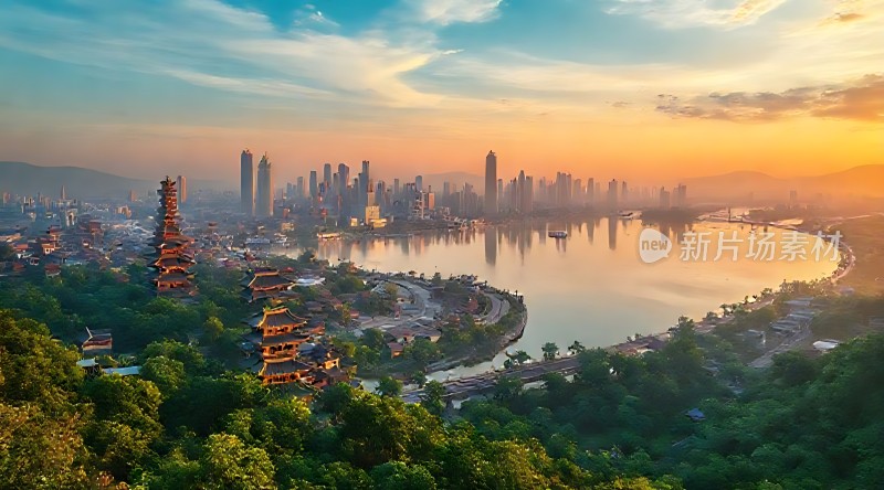 湖畔古塔映斜阳现代都市入眼帘