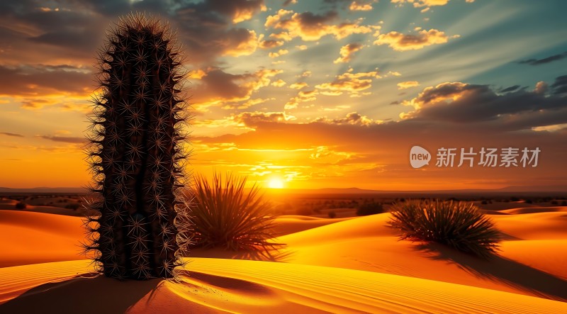 沙漠日落下的坚韧仙人掌
