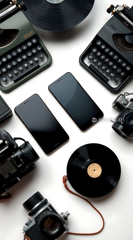 复古与现代交融打字机、相机与智能手机