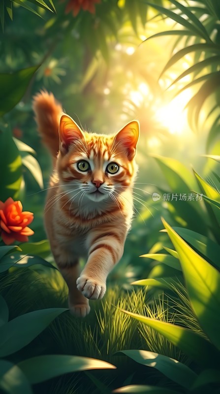 阳光下的橘猫在花丛中奔跑