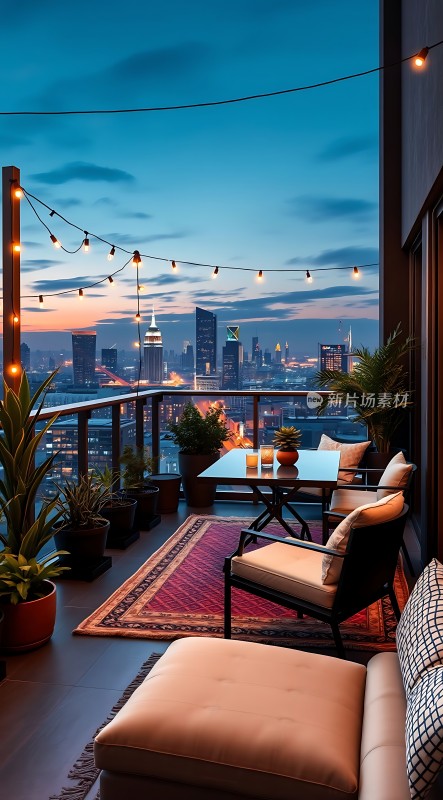 城市夜景下的温馨露台