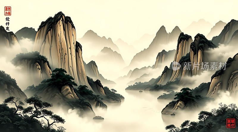 云雾缭绕的山川画卷