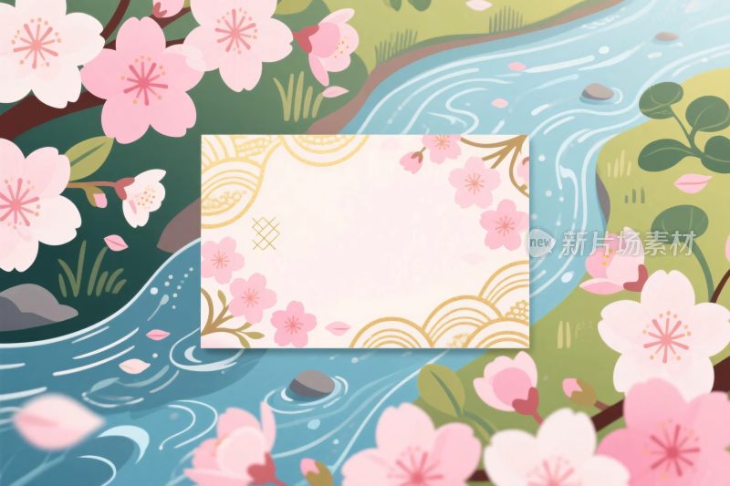 春日樱花河流插画