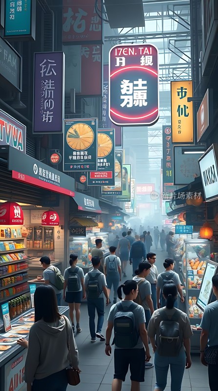 繁华夜市霓虹闪烁美食琳琅满目人群熙攘热闹非凡