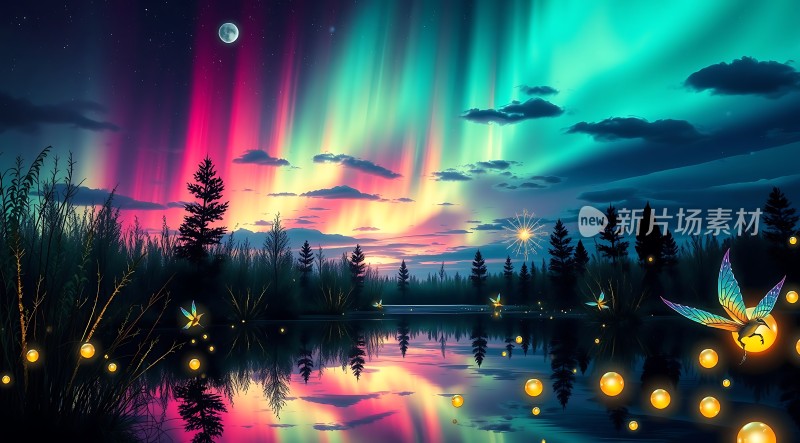 夜空极光下的梦幻湖畔