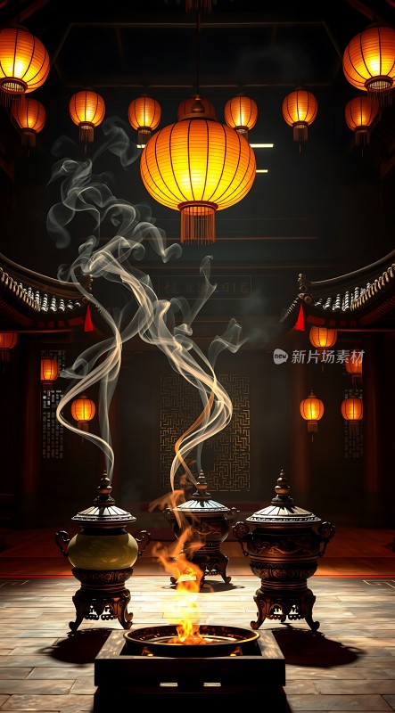 古香古色灯笼庙宇烟雾缭绕香炉