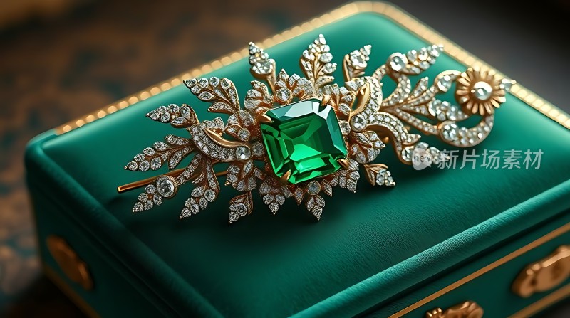 翠绿宝石胸针与绿色首饰盒
