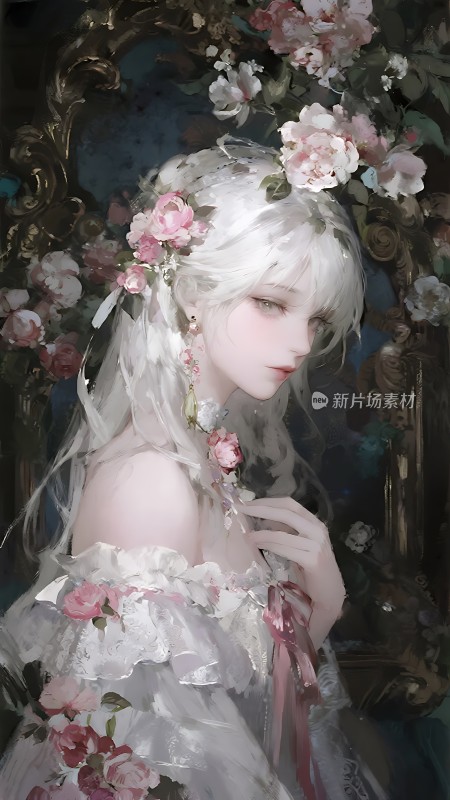 白色长发少女与粉色花朵