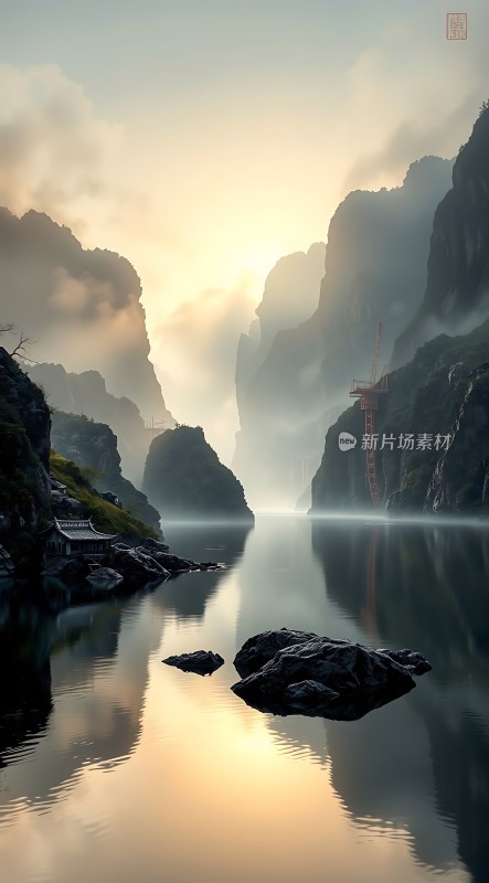 晨雾笼罩下的山水画卷