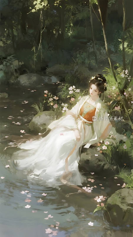 林间花影下的白衣佳人