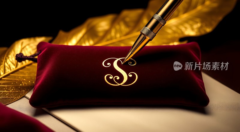 金笔书写红色绒布上的金色字母S