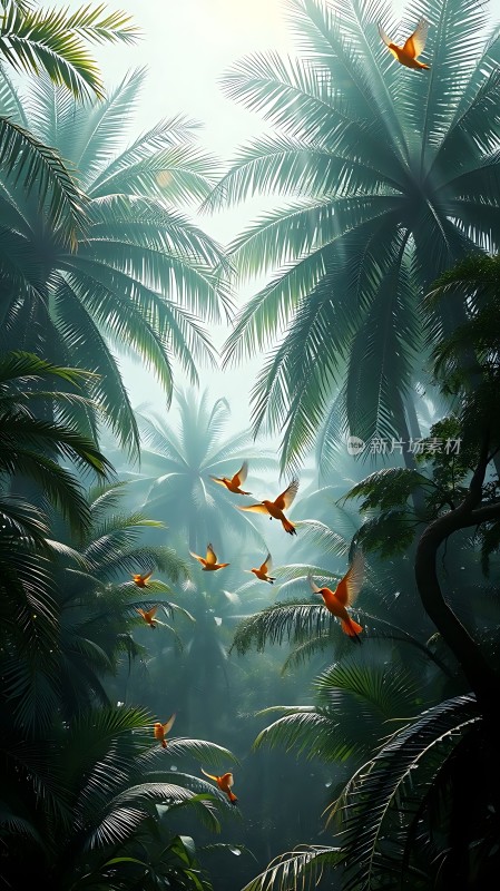 阳光下的热带雨林鸟儿飞翔