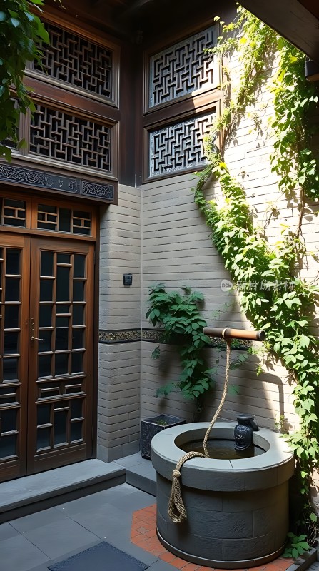 古井藤蔓缠绕木门绿意盎然