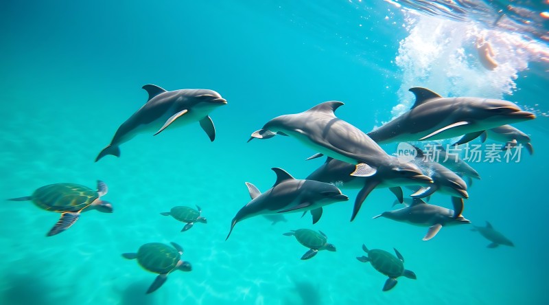 海豚与海龟共舞 underwater