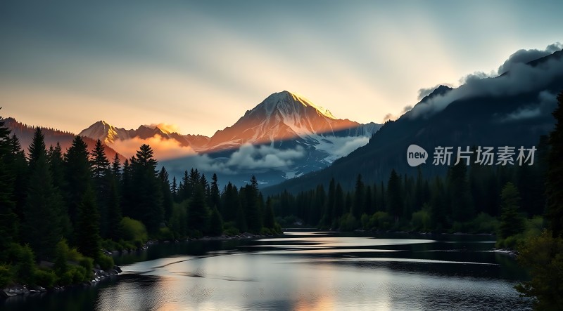 日出湖畔雪峰倒影