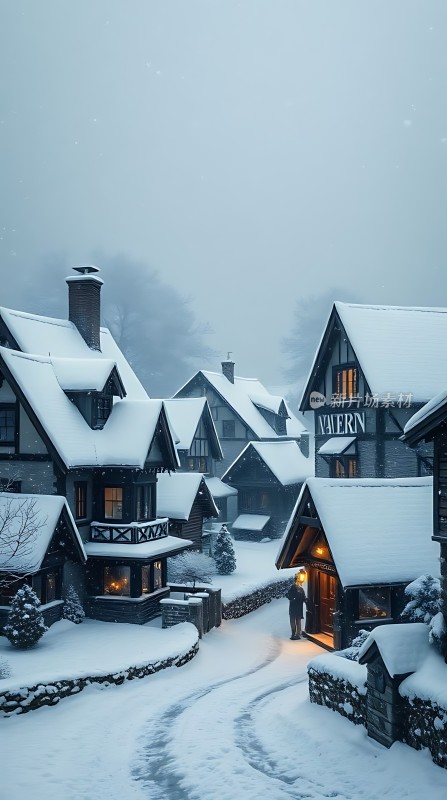 雪夜村庄温馨小屋静谧美景