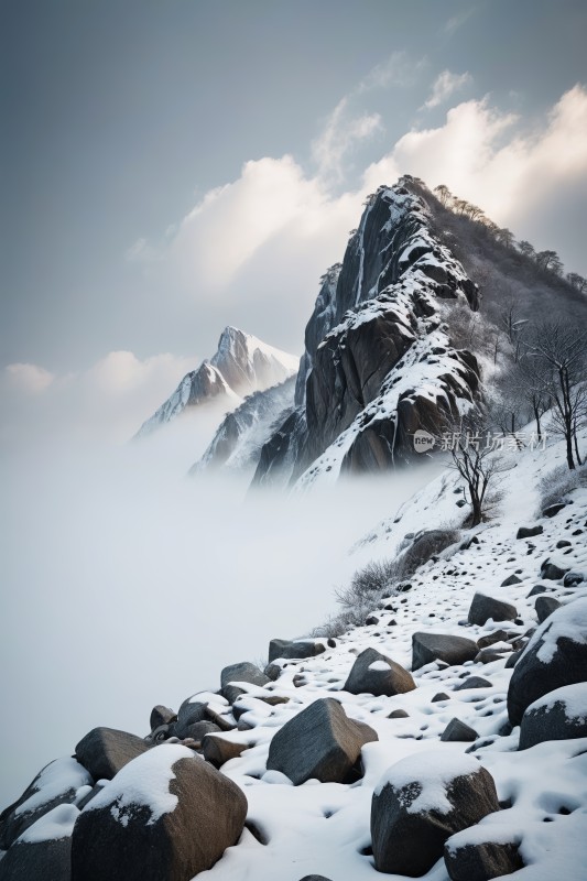 雪山地面有岩石和雪高清风景图片