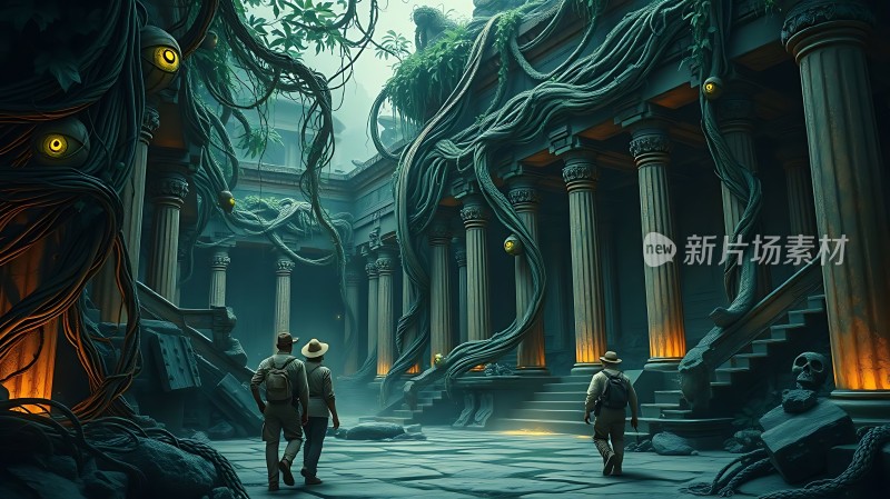 古遗迹探险藤蔓缠绕的神秘宫殿