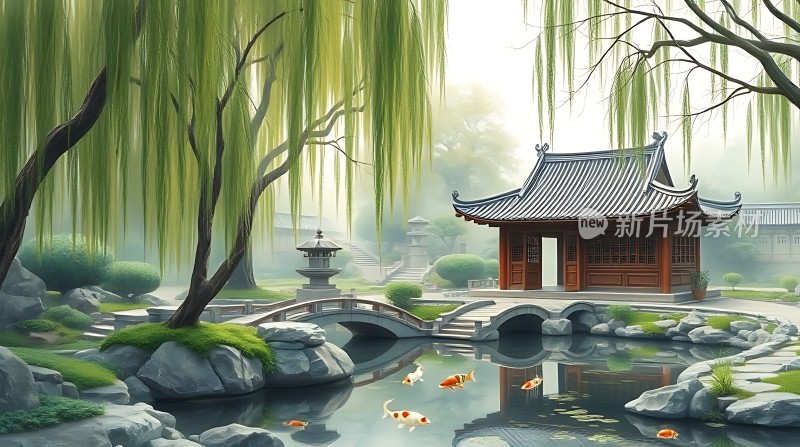 古亭垂柳映碧波