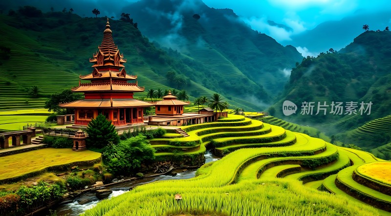 梯田古寺山水画卷