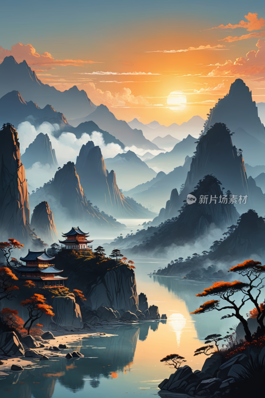 日落时有山有河的风景高清插画图片