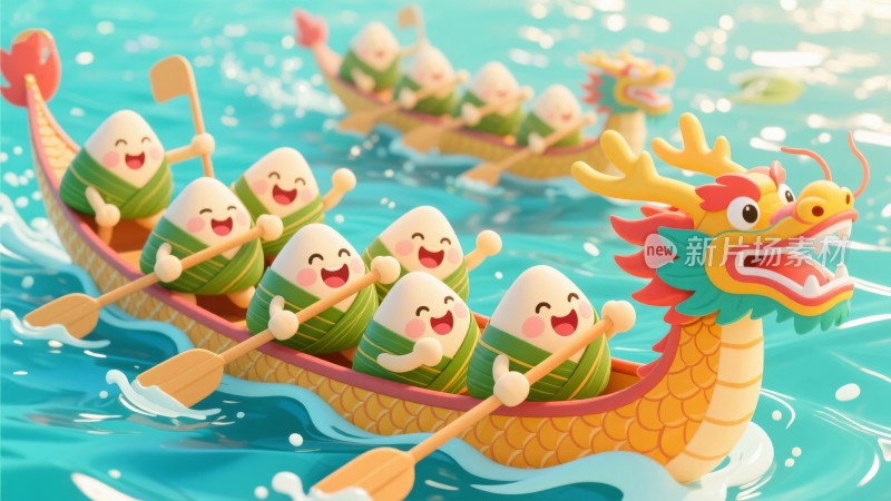 卡通Q版 传统节日端午节 粽子龙舟比赛