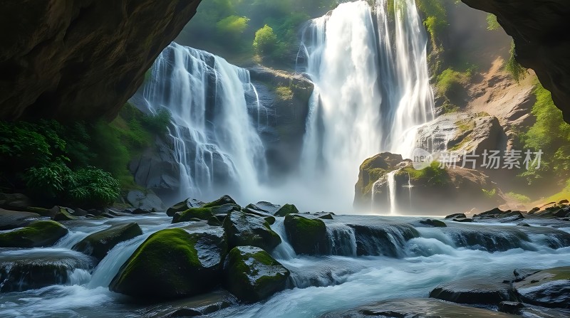 瀑布飞流直下阳光穿透岩石绿意盎然自然美景令人陶醉