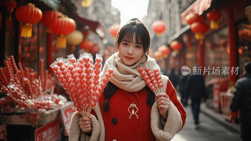 春节热闹的街道拿着糖葫芦的女孩