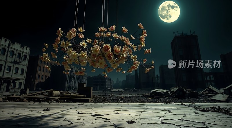 废弃城市中的月光下的花朵