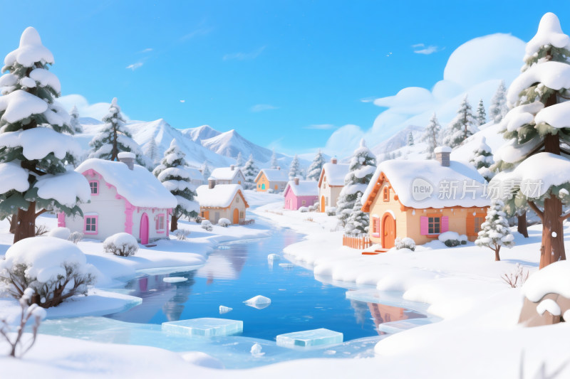 冬季童话般的雪景和孩子们堆雪人