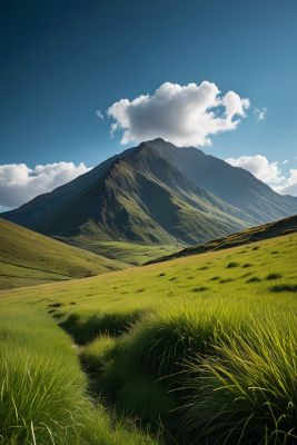 一片草地一座高山清风景摄影图片