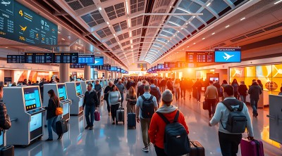 机场繁忙景象旅客排队办理登机手续 机场繁忙景象旅客排队办理登机手续