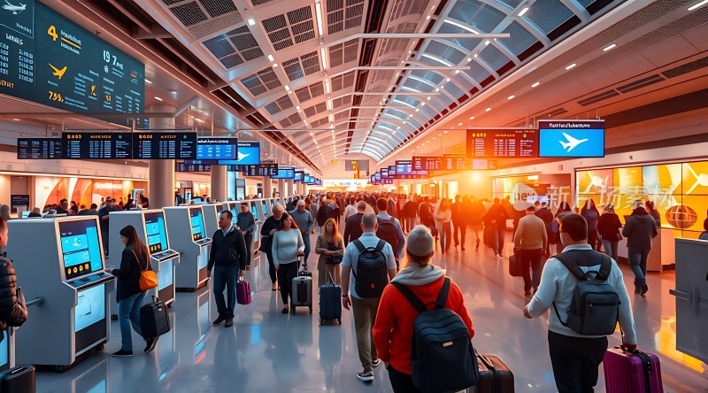 机场繁忙景象旅客排队办理登机手续