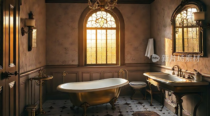 金色浴缸与复古洗手台优雅浴室设计