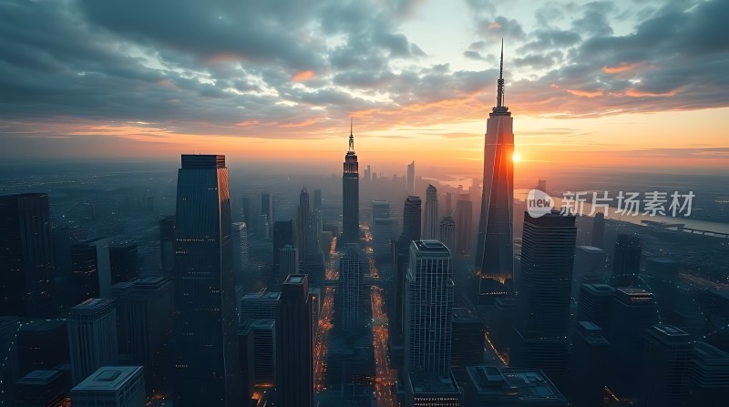 城市日出高楼林立阳光洒满天空