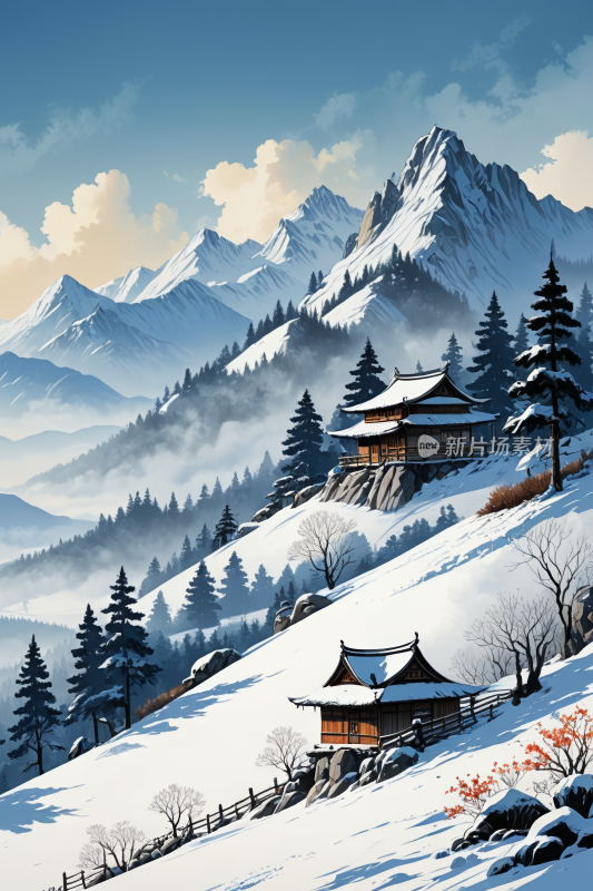 雪山景观有房屋和树木高清插画图片