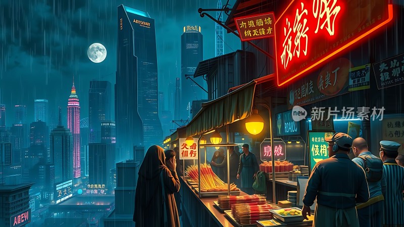 霓虹下的街头美食夜市