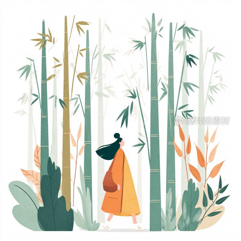 女子漫步于竹林间插画