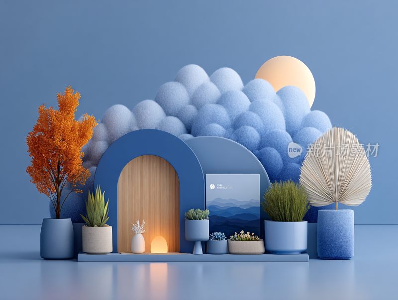 蓝色系梦幻小屋场景插画