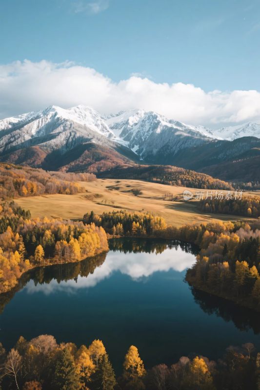 秋日山间湖泊与雪山美景