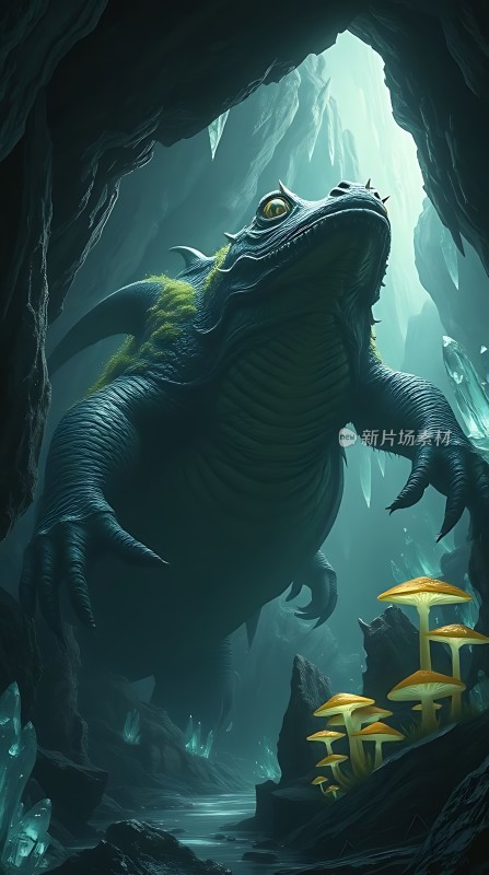 神秘洞穴中的巨龙与发光蘑菇