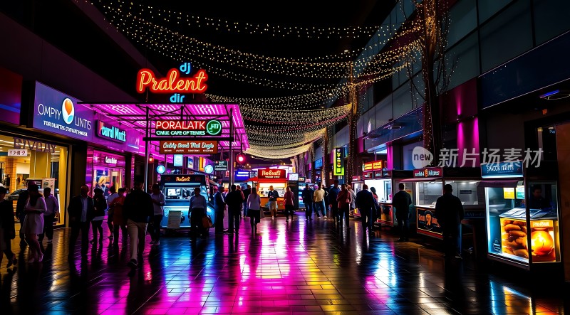 繁华夜市霓虹闪烁美食琳琅人群熙攘