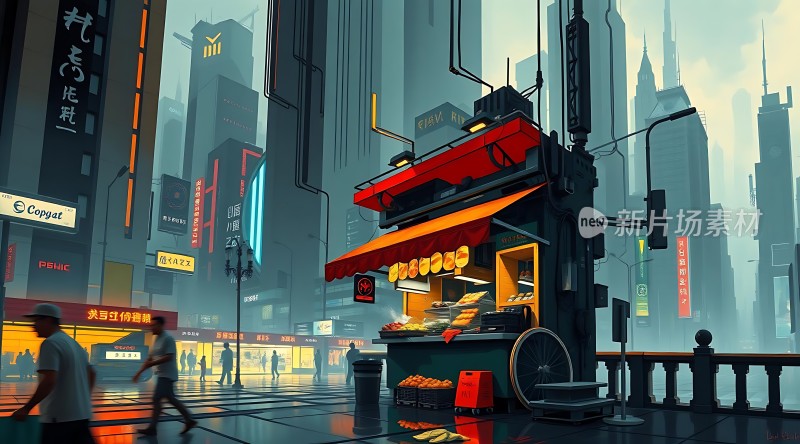 霓虹灯下的街头小吃摊
