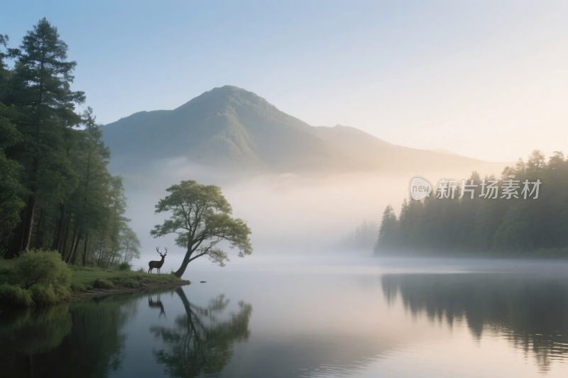山水湖景晨景图