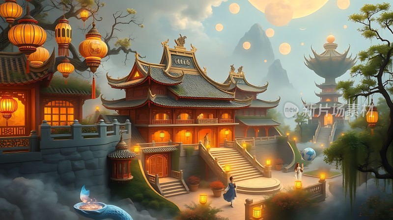 古风建筑灯笼夜景