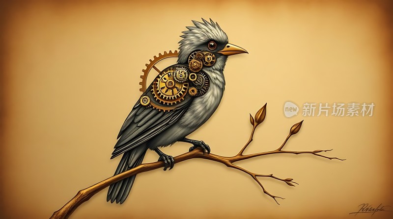 机械鸟栖息在树枝上