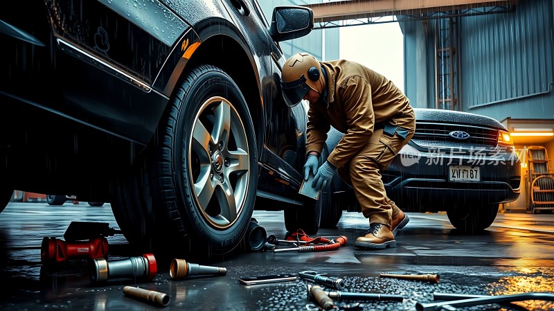 修车工人在雨中更换轮胎