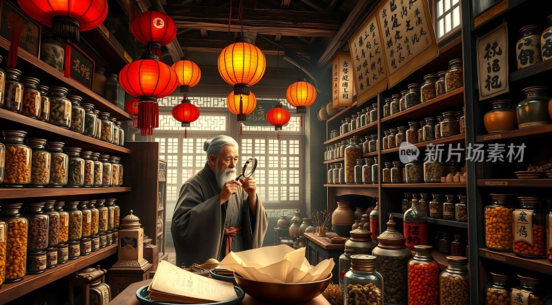 古风药铺里的老中医在检查药材